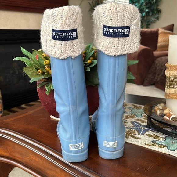 Sperry Vintage Blue Tall Rubber Boots Waterproof w/ Cream Knit Sequin Boot Socks - Picture 6 of 16